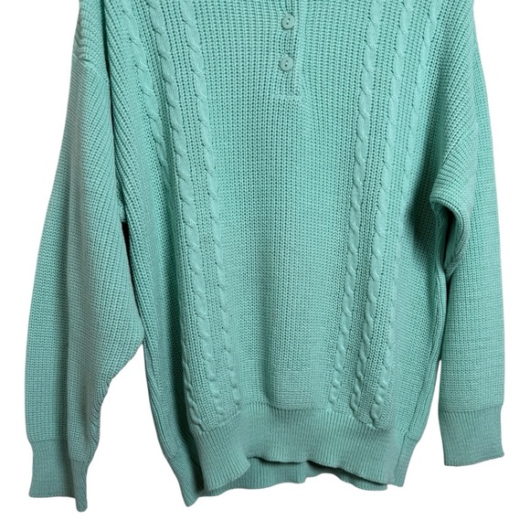 Vtg 80s Collared Knit Polo Sweater Sz Large XL Green Teal Grandpa Quarter Button - Picture 4 of 5